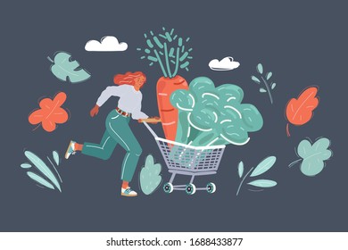 Cartoon vector illustration of vegetables in the basket. Woman run with supermarket basket