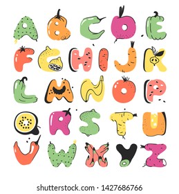 Cartoon vector illustration vegetables and fruits ABC. Hand drawn font with vegan food. Actual Creative art vegetarian alphabet 