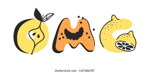 Cartoon vector illustration vegetables and fruits and word OMG. Hand drawn drawing vegetarian food. Actual Creative Vegan art work