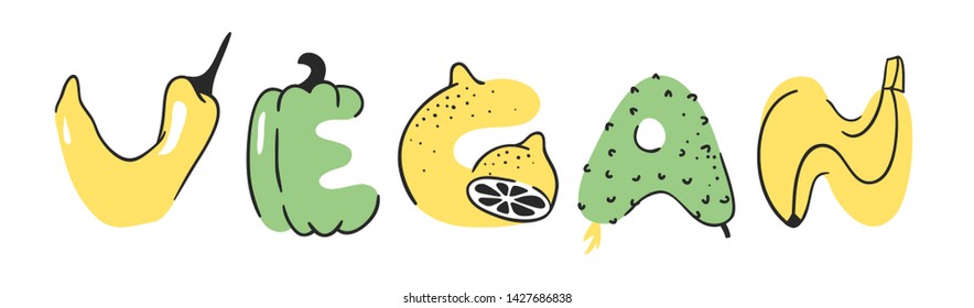 Cartoon vector illustration vegetables and fruits and word VEGAN. Hand drawn drawing vegetarian food. Actual Creative Vegan art work