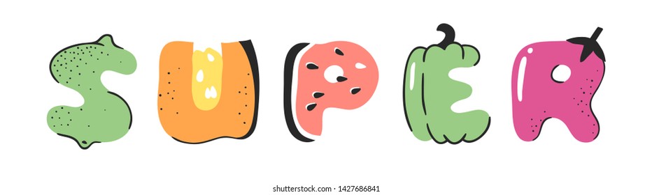 Cartoon vector illustration vegetables and fruits and word SUPER. Hand drawn drawing vegetarian food. Actual Creative Vegan art work