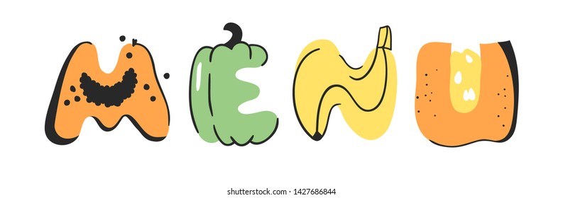 Cartoon vector illustration vegetables and fruits and word MENU. Hand drawn drawing vegetarian food. Actual Creative Vegan art work