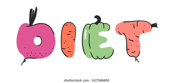 Cartoon vector illustration vegetables and fruits and word DIET. Hand drawn drawing vegetarian food. Actual Creative Vegan art work