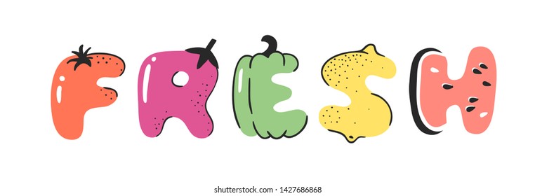 Cartoon vector illustration vegetables and fruits and word FRESH. Hand drawn drawing vegetarian food. Actual Creative Vegan art work