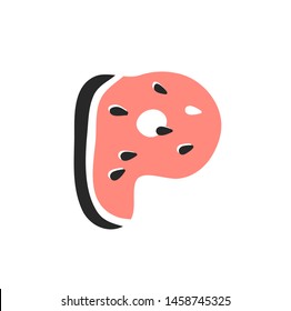 Cartoon vector illustration vegetables and fruits ABC. Hand drawn font with vegan food. Actual Creative art vegetarian alphabet. Letter P