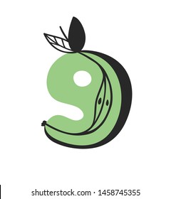 Cartoon vector illustration vegetables and fruits ABC. Hand drawn font with vegan food. Actual Creative art vegetarian alphabet. Number nine