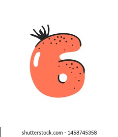 Cartoon vector illustration vegetables and fruits ABC. Hand drawn font with vegan food. Actual Creative art vegetarian alphabet. Number six