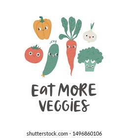 Cartoon vector illustration with vegetables and fruits and text Eat more veggies.