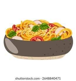 Ilustração vetorial de desenho animado de massa vegetariana com tomates, manjericão verde, cogumelos. Desenhado à mão arte da comida para o design do menu, anúncios culinários, visuais da receita, adesivos, embalagem de alimentos