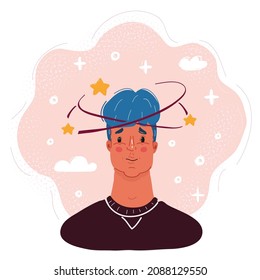 Cartoon vector illustration of Vertigo man face on pink