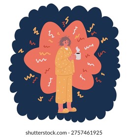 Cartoon vector illustration of very tired looking woman early in the morning drinking a cup of coffee to wake up - selective focus on cup