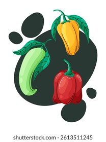 Cartoon vector illustration of vibrant bell peppers with green tops on a dark abstract background. Bright, playful, and perfect for food or farm-themed designs.