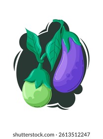 Cartoon vector illustration of vibrant eggplants with green tops on a dark abstract background. Bright, playful, and perfect for food or farm-themed designs.