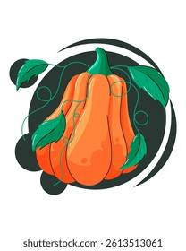 Cartoon vector illustration of vibrant pumpkin with green tops on a dark abstract background. Bright, playful, and perfect for food or farm-themed designs.