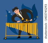 Cartoon vector illustration of vibraphone player isolated on blue background. European vibraphonist playing jazz, soul musician. Full height portrait of man used for music poster, magazine