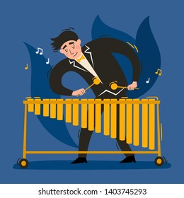 Cartoon vector illustration of vibraphone player isolated on blue background. European vibraphonist playing jazz, soul musician. Full height portrait of man used for music poster, magazine