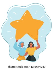 Cartoon vector illustration of victory concept with female characters. Two woman holding big star, Friendship, Partnership, Cooperation, Teamwork, Family.