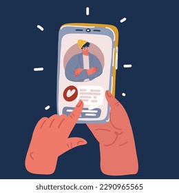 Cartoon vector illustration of Video call. Hand holding smartphone with smiling man on screen. Video chatting online over dark background