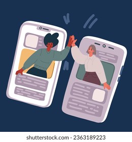 Cartoon vector illustration of Video call conversation and couple giving a high-five. Two woman friends talking via video call on a chat messenger for people over dark background