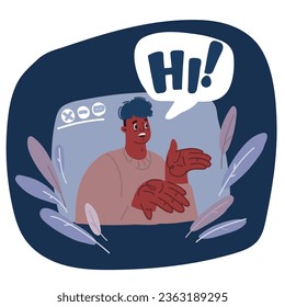 Ilustración vectorial de dibujos animados del concepto de videollamadas. Comunicación en línea, redes sociales. Conversación de chat móvil sobre fondo oscuro