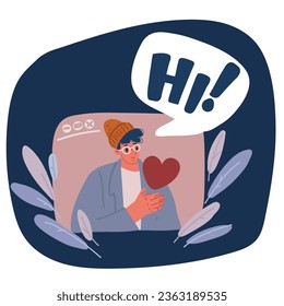 Cartoon vector illustration of Video call concept. Man say hay! over dark backround