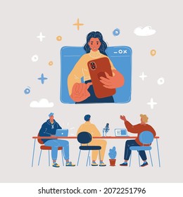 Ilustración vectorial de caricatura de Video chat, llamada telefónica, mujer en conferencia en línea usa su teléfono.