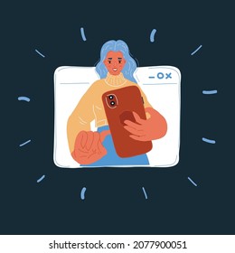 Ilustración vectorial de dibujos animados del concepto de aplicación de videochat. Mujer joven en exhibición sosteniendo el smartphone en sus manos en la oscuridad.