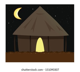 Cartoon Vector Illustration Of A Village Hut At Night