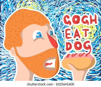 Cartoon Vector Illustration. Vincent Van Gogh Eat Hot Dog