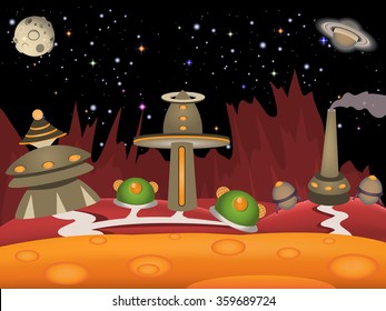 Cartoon vector illustration of a vintage space landscape with urban city.