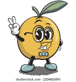 cartoon vector illustration of a  vintagesmart orange fruit character giving a peaceful greeting