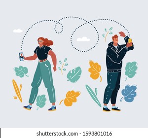 Cartoon vector illustration of virtual relationships, online dating and social networking concept - teenagers chatting on the Internet. Man and woman with smartphone.