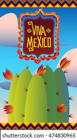 Cartoon vector illustration. Viva Mexico - mexican holiday poster and festive background - western style. Landscape with cactus.