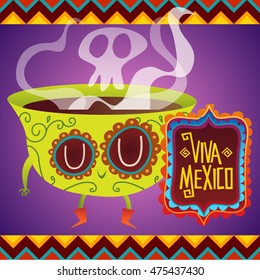 Cartoon vector illustration. Viva Mexico - mexican holiday poster and festive background in western style. Delicious cup of hot tea.