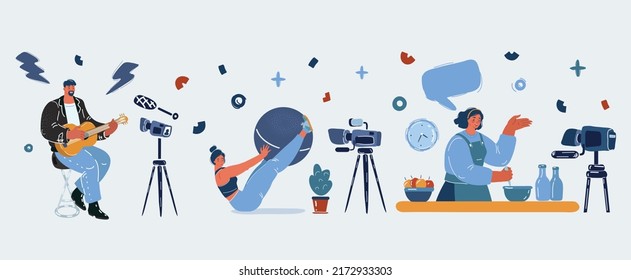 Cartoon vector illustration of Vlogger Recording Broadcast At Home. Bloggers people make video about cooking, musican, sport blogs over dark backround