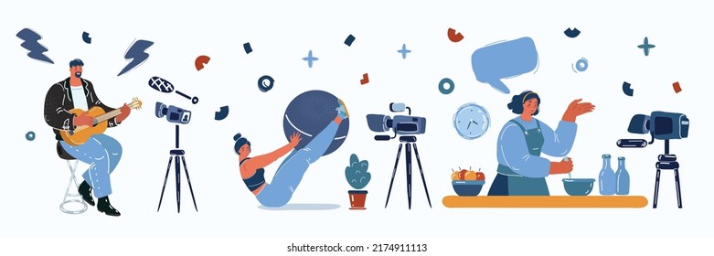 Cartoon vector illustration of Vlogger Recording Broadcast At Home. Bloggers people make video about cooking, musican, sport blogs over dark backround