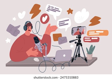 Cartoon-Vektorillustration von Vlogger Streaming online. Mann zeichnet Video auf Blog auf