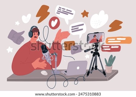 Cartoon vector illustration of Vlogger streaming online. Man recording video to blog
