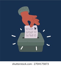 Cartoon vector illustration of Voting concept hand putting paper in the ballot box over dark background