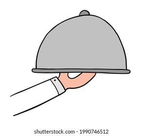 Cartoon vector illustration of waiter or chef is serving food. Colored and black outlines.
