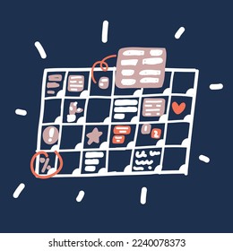 Cartoon vector illustration of Wall calendar. Planner diary with. Week Starts on Sunday over dark backround