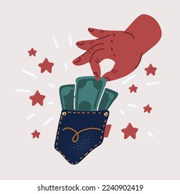 Cartoon vector illustration of wallet with green paper money. Wallet with money dollar in jeans pocket