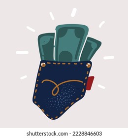 Cartoon vector illustration of Wallet With Money money is sticking out of your pocket.