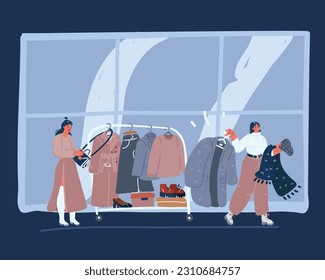 Cartoon vector illustration of Wardrobe of clothes. Change of clothes over dark background