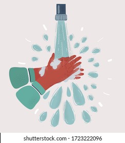 Cartoon vector illustration of wash your hands with water jet. Hygiene standard on white.