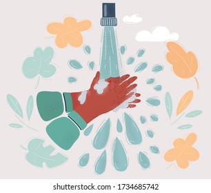 Cartoon vector illustration of Washing of hands with soap. Drop water around. Scented soap smell around.