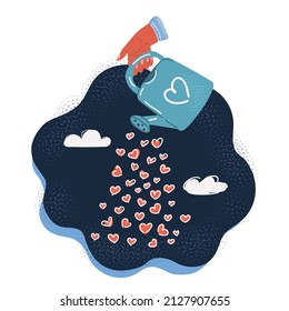 Cartoon vector illustration of watering can pour out hearts and love. Concept love and care over dark backround.