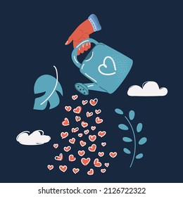 Cartoon vector illustration of watering wtih heartshapes over dark backround.