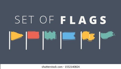 Cartoon vector illustration of Waving Flags and Banners for Icons, Presentations, Web Pages. Hand drawn objects set.