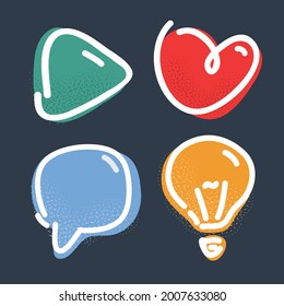 Cartoon vector illustration of Web line icon set. Like, heart, idea or bulb light, play icon on dark backround.